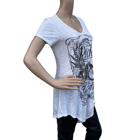 Vocal Women's White Burnout Rhinestones Studded Asymmetrical Hem Tee Shirt L - Picture 4 of 6